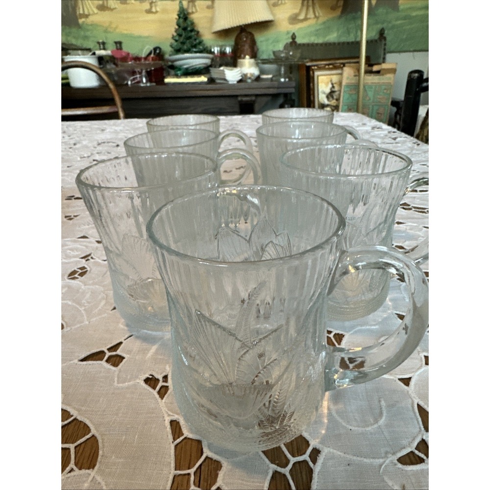 Arcoroc Canterbury Crocus Tulip Embossed Clear Glass Set of 7 Coffee Tea Mug Cup